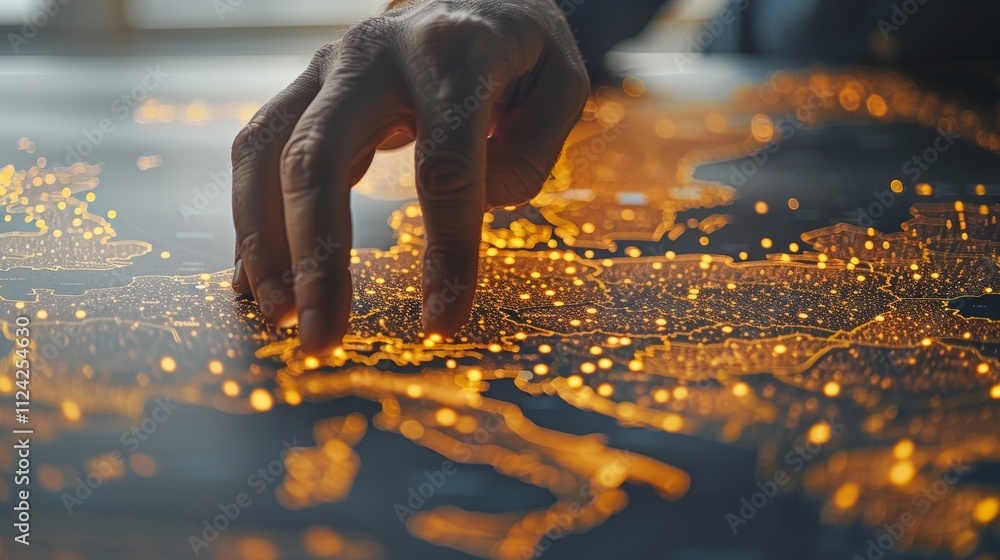 Poster hand reaching to interact with a radiant digital world map displaying global connectivity
