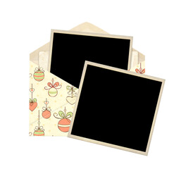 Top view of blank vintage opened letter with Christmas pattern and two photo and card inside. Retro photo in old envelope with blank card. Isolated on white background. Holiday decor for scrapbooking