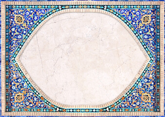 Detail of traditional persian mosaic wall with geometrical and floral ornament, Iran. Horizontal or...