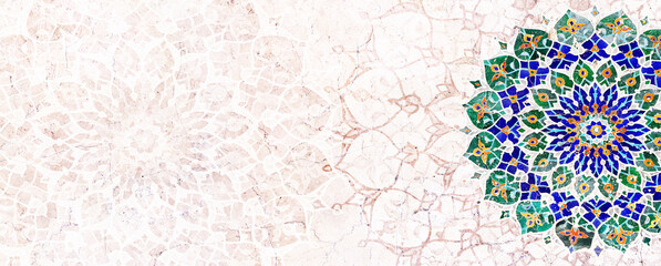 Detail of traditional persian mosaic wall with geometrical and floral ornament, Iran. Horizontal or vertical background with ceramic tile. Mock up template. Copy space for text