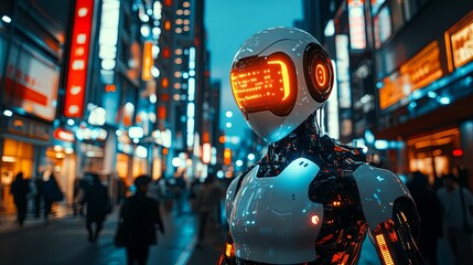 Futuristic Robot Walking Through A Neon City At Night