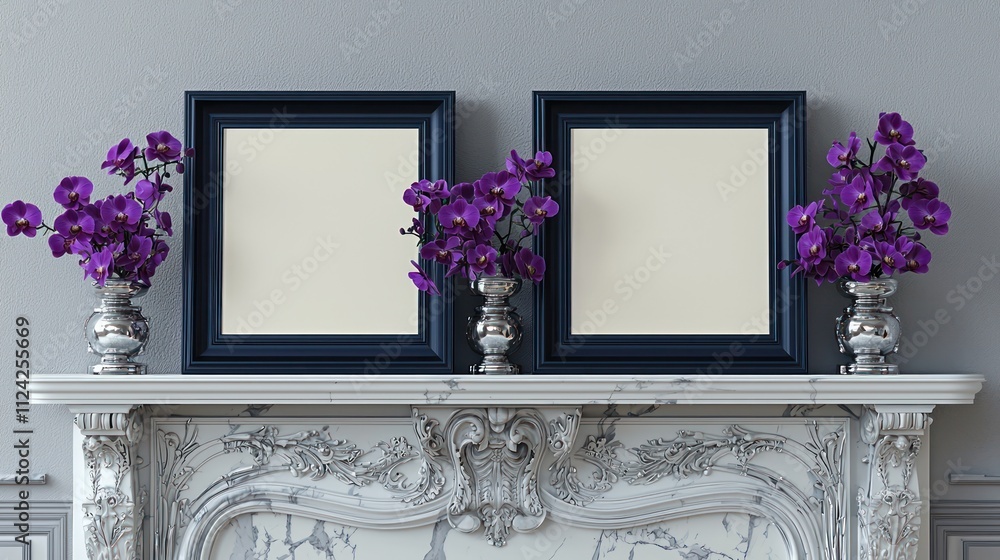 Poster deep navy frames with blank canvases on a marble fireplace with purple orchids and soft lighting.