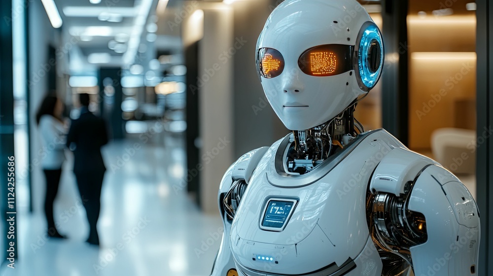 Poster advanced humanoid robot standing in modern office building