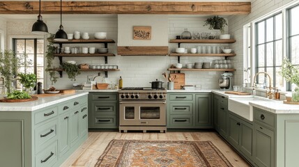 Rustic farmhouse kitchen with open shelving, sage green cabinets, and a large stainless steel stove.