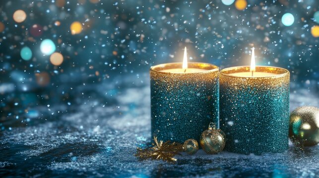 Glittery candles burn brightly in snowy winter wonderland background illustration.