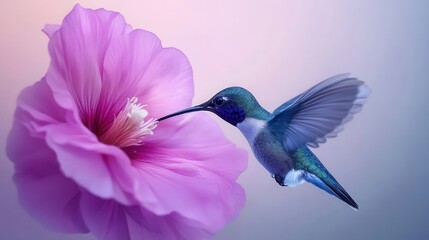 Naklejka premium hummingbird feeding from a bright flower, macro photography