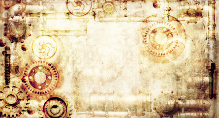 Horizontal banner with frame with vintage metal details, pipelines, gear, rivets on retro paper texture. Mock up template. Copy space for text. Can be used for steampunk, industrial, mechanical design