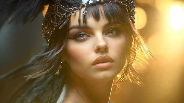 Art and allure: a flapper dressed woman channeling 1920s charm, wearing expressive clothing and classic headpieces, reflecting the creative and spirited culture of the era.