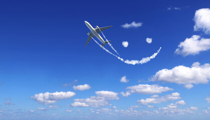Aircraft and Jet trailing smoke in the sky. Funny cloud emoji, airplane and condensation trail....