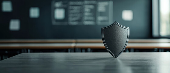 A black shield symbol positioned on a desk in a modern classroom setting, representing security and protection. Security Awareness Training Classroom with a shield.