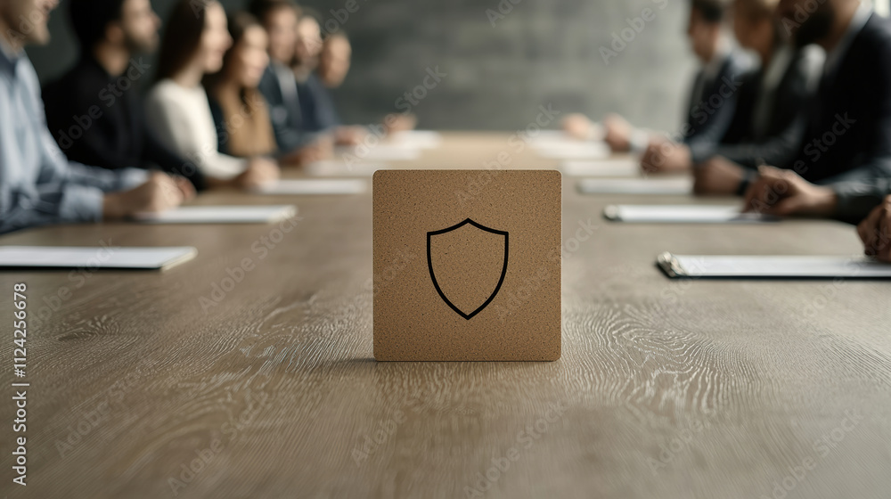 Poster a business meeting setting with a focus on a shield symbolizing protection and strategy on a wooden 