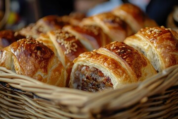 Detail shot of sausage rolls in flaky pastry inside a wicker basket at a UK outdoor food festival