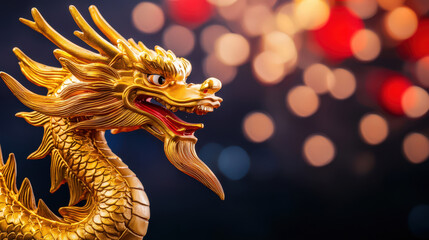 Fototapeta premium Golden dragon sculpture with vibrant bokeh background, symbolizing celebration and prosperity. intricate details and shining surface enhance its majestic presence