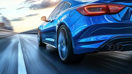 Blue car driving on the highway, motion blur, rear view. luxury sports sedan concept model