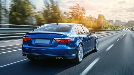 Fototapeta premium Blue car driving on the highway, motion blur, rear view. luxury sports sedan concept model