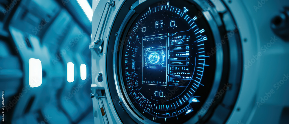Poster close up view of high tech control panel displaying holographic data in futuristic environment. slee