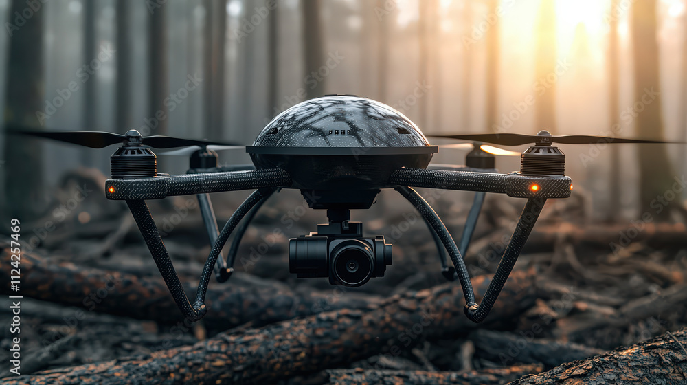 Poster high tech drone with camera is positioned in misty forest, surrounded by fallen logs and illuminated