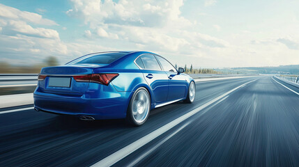 Blue car driving on the highway, motion blur, rear view. luxury sports sedan concept model