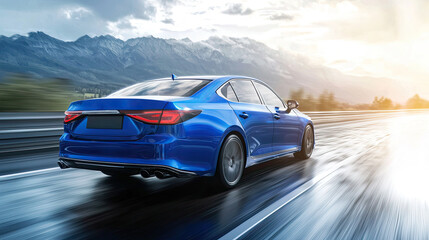 Blue car driving on the highway, motion blur, rear view. luxury sports sedan concept model