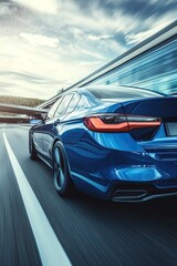 Blue car driving on the highway, motion blur, rear view. luxury sports sedan concept model