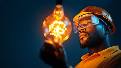 A bearded man in safety gear admires the warm glow of a light bulb, highlighting his focus and dedication.