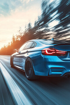 Blue car driving on the highway, motion blur, rear view. luxury sports sedan concept model