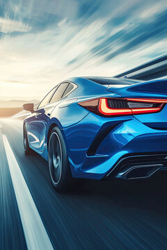 Blue car driving on the highway, motion blur, rear view. luxury sports sedan concept model