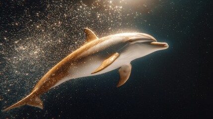 Mechanical dolphin swimming in a digital ocean underwater art scene virtual environment surreal perspective for seo impact