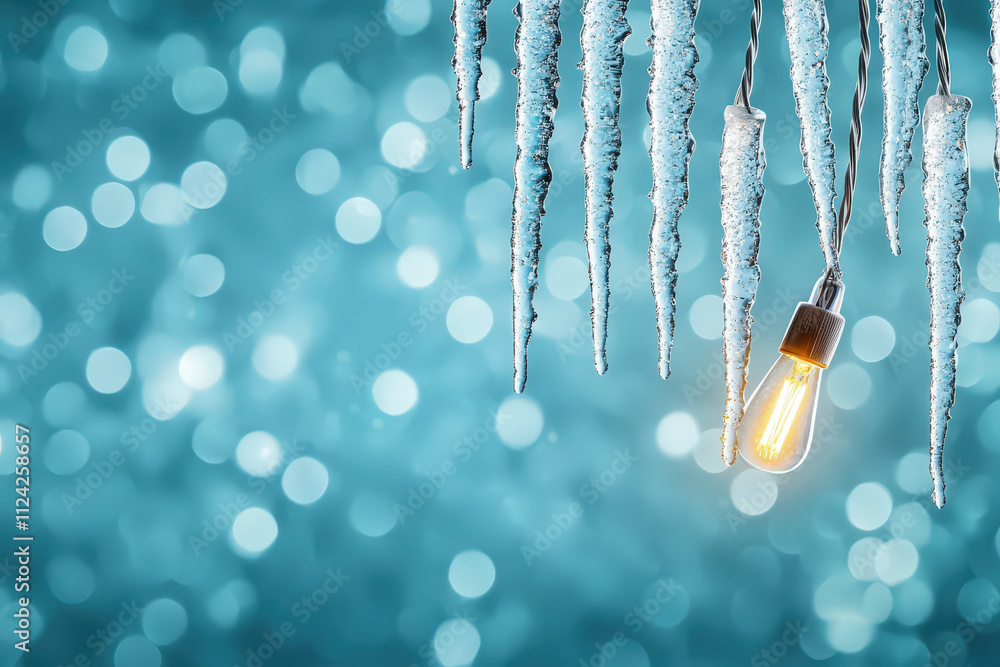 Poster icicles hang from string of lights, creating serene winter scene with soft blue background. warm glo