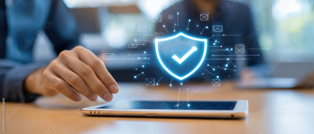 Poster a hand interacting with a tablet showcasing a digital security shield, emphasizing cybersecurity and