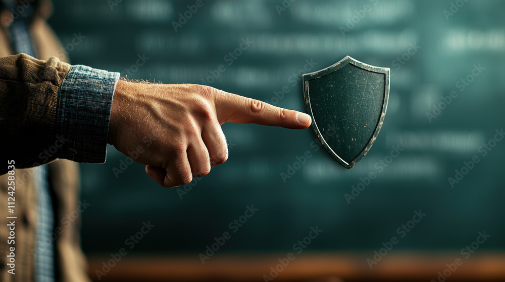 Poster a hand pointing at a shield symbol, representing protection and security in a professional environme