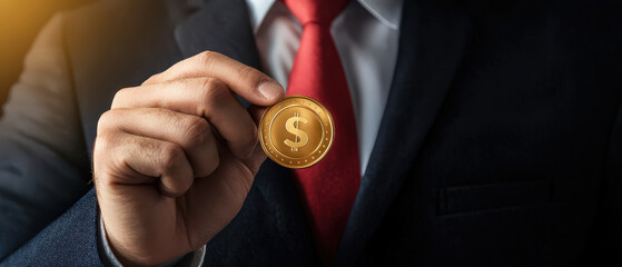 businessman in suit holds golden coin with dollar sign, symbolizing wealth and investment opportunities. image conveys sense of financial success and professionalism
