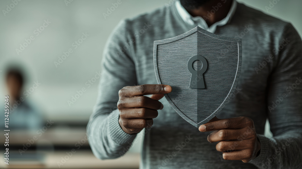Poster a man holding a protective shield symbolizing security and privacy in a modern office setting. secur