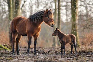 Exmoor pony pets her mother in the Maashorst nature reserve Brabant