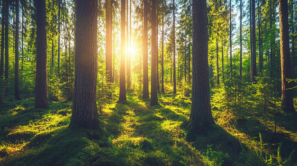 Obraz premium Trees in the woods with sunlight inside background photography