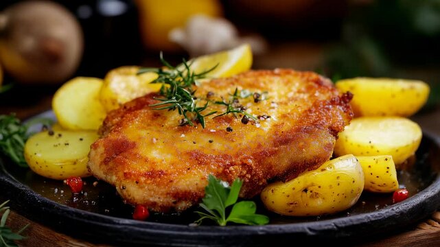 A golden-breaded German Wiener Schnitzel with crispy edges, served alongside potatoes on a rustic wooden table