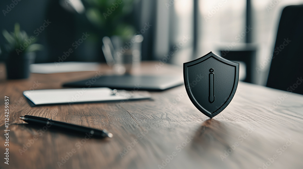 Poster a modern workspace featuring a black shield symbolizing security and protection in a professional en