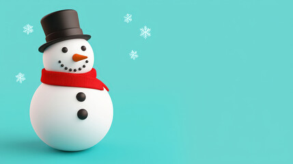 whimsical snowman with black top hat and red scarf stands against pastel turquoise background, surrounded by delicate snowflakes, evoking cheerful winter vibe