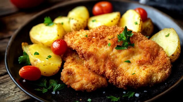 A golden-breaded German Wiener Schnitzel with crispy edges, served alongside potatoes on a rustic wooden table