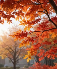 A delicate maple tree branch supports a canopy of vibrant orange and red autumn leaves, outdoor scene, red leaves