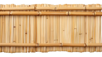 A horizontal bamboo fence with vertical slats, held together by dark brown metal strips.

