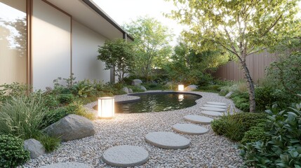 Obraz premium Enchanting lanternlit garden path leading to a hidden pond serene outdoor setting nature's tranquility aesthetic viewpoint