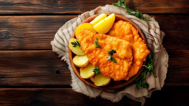 A golden-breaded German Wiener Schnitzel with crispy edges, served alongside potatoes on a rustic wooden table