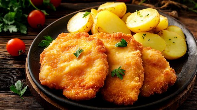A golden-breaded German Wiener Schnitzel with crispy edges, served alongside potatoes on a rustic wooden table