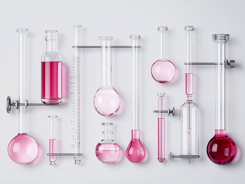 glass laboratory equipment,cosmetic laboratory research and development. science bio skincare,beauty cosmetics concept,cosmetology,Volumetric laboratory glassware containing colored liquids,3d