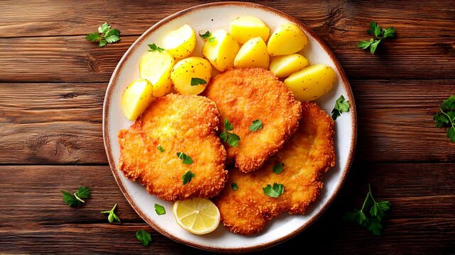 A golden-breaded German Wiener Schnitzel with crispy edges, served alongside potatoes on a rustic wooden table