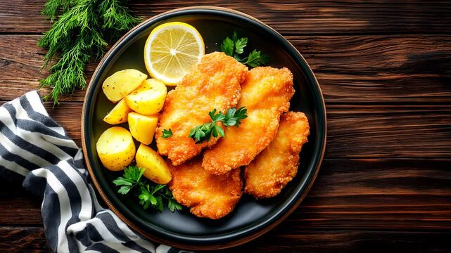 A golden-breaded German Wiener Schnitzel with crispy edges, served alongside potatoes on a rustic wooden table