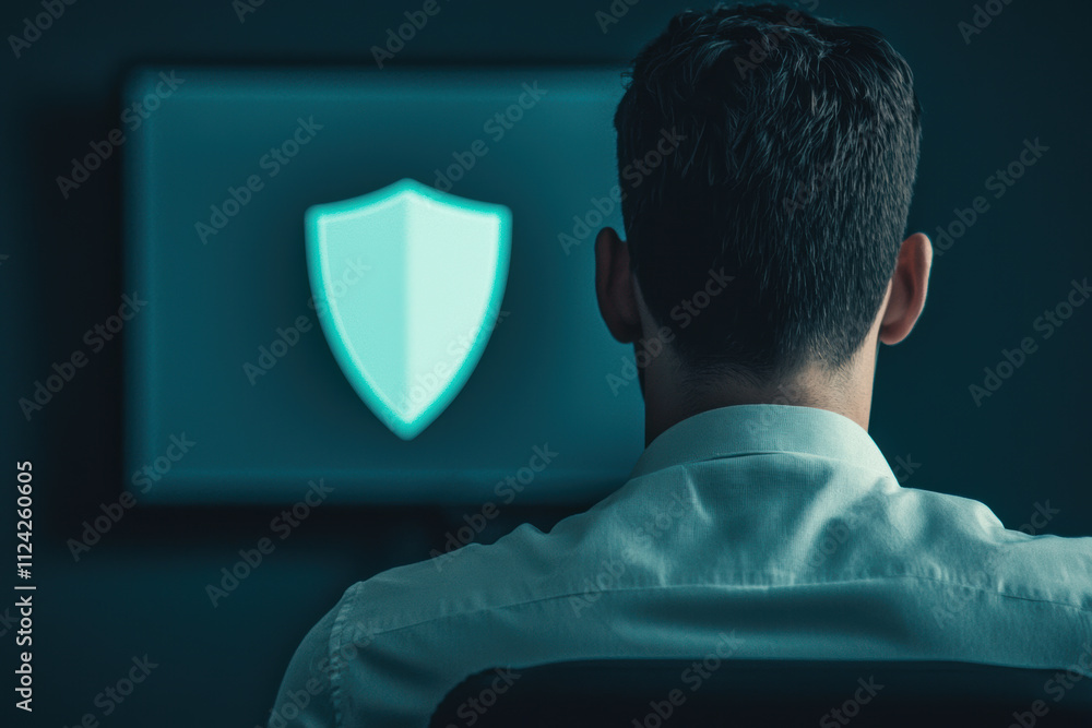 Poster a professional monitoring cybersecurity threats from a dark room, highlighted by a glowing shield sy