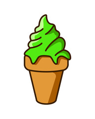 Ice cream waffle cones cartoon PNG. Melting green ice cream illustration. Mathca, pistachio, mint. Dessert, sweet, confectionery snacks. Tranpsarent background