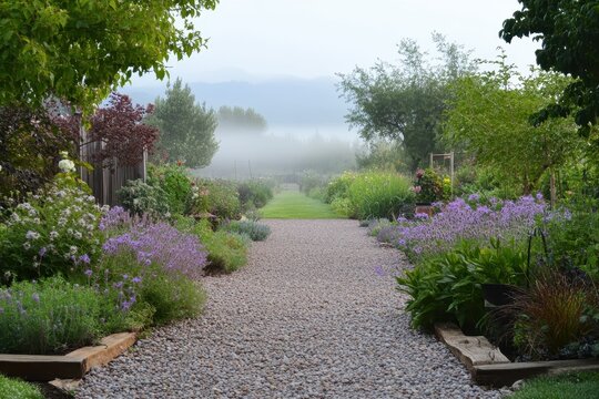 Foggy dawn above garden with gravel path